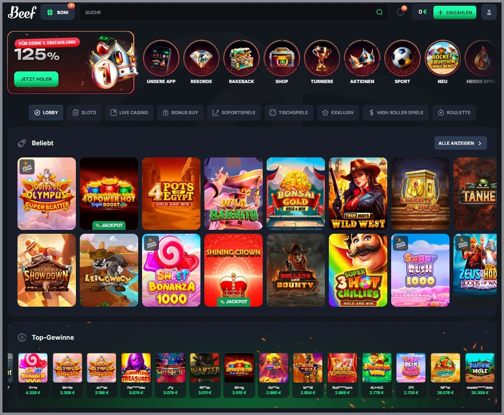 Alle Slots und Casino-Spiele bei Beef Casino für deutsche Spieler