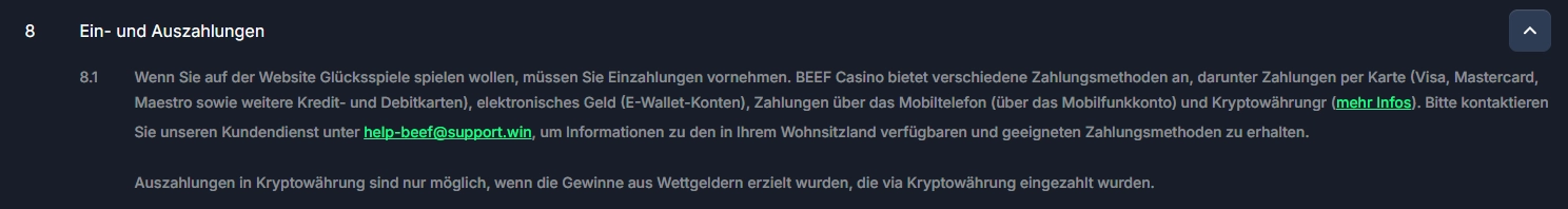 Beef Casino AGB zu Einzahlungen und Auszahlungen