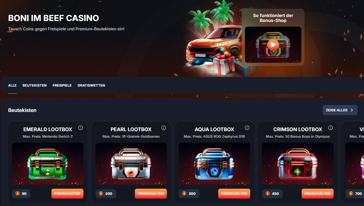 Beef Casino Bonus-Shop mit Lootboxen und Prämien