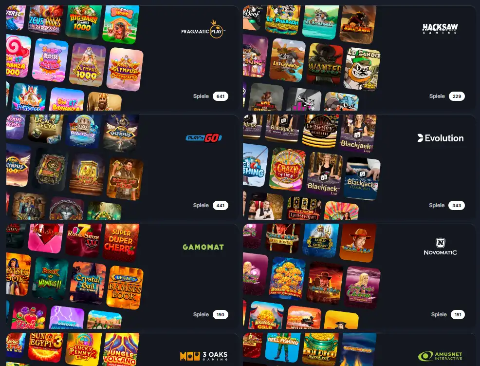 Spielehersteller im Beef Casino mit Anbietern wie Pragmatic Play, Evolution, Play'n GO und Novomatic
