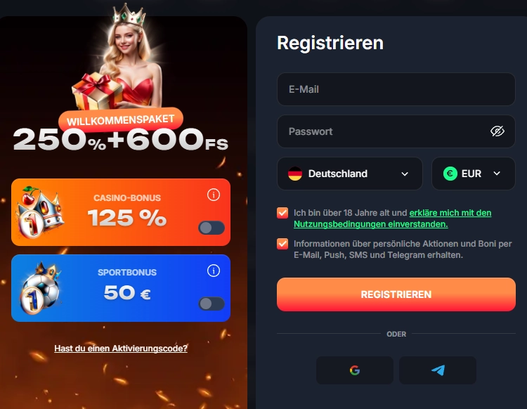 Beef Casino Anmeldung mit Bonusauswahl und Kontoregistrierung