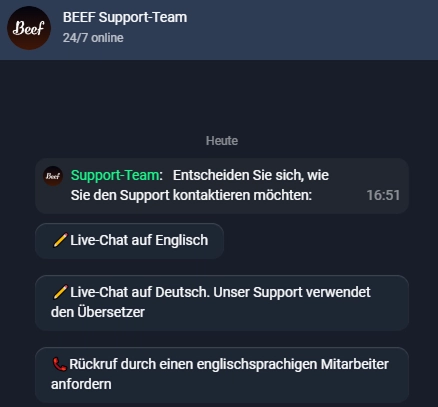 Beef Casino Live-Chat mit Support-Team rund um die Uhr