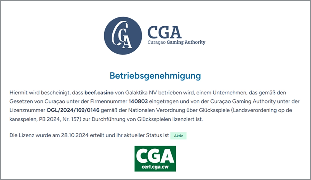 Lizenz von Beef Casino der Curaçao Gaming Authority