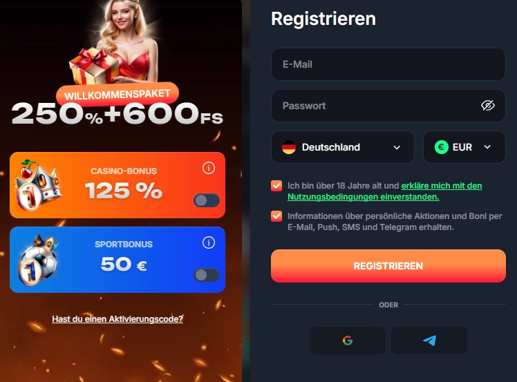 Beef Casino Registrierung mit E-Mail, Passwort und Kontowährung