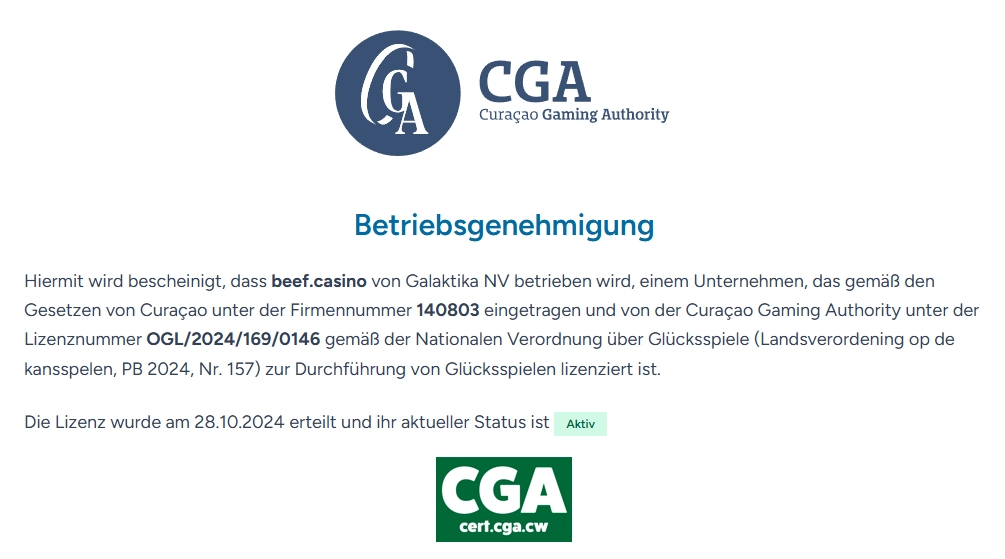 Beef Casino Lizenz der Curaçao Gaming Authority