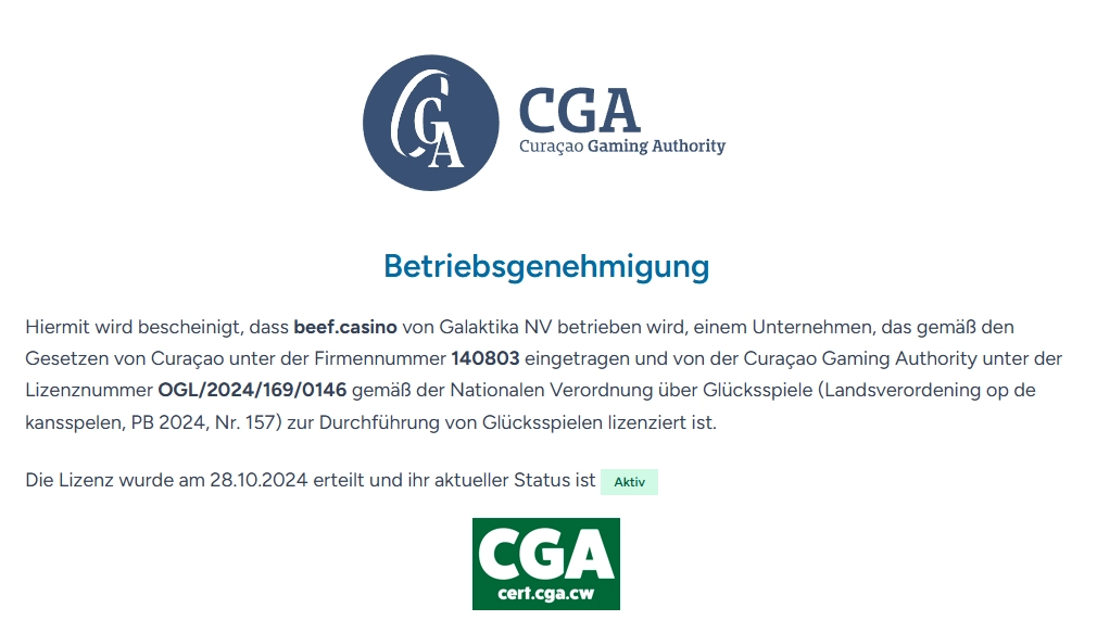 Beef Casino Curaçao Gaming Authority Lizenz OGL/2024/169/0146