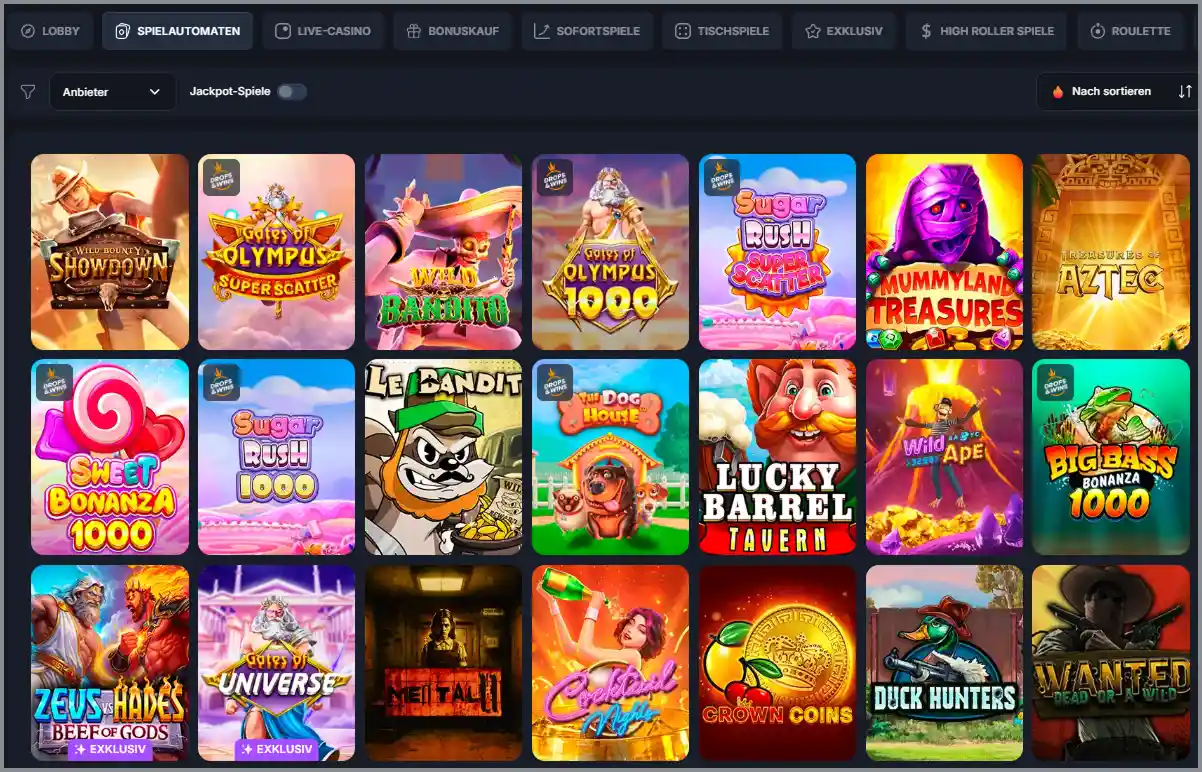 Spielbibliothek im Beef Casino mit Slots, Live-Casino, Tischspielen und weiteren Spielkategorien