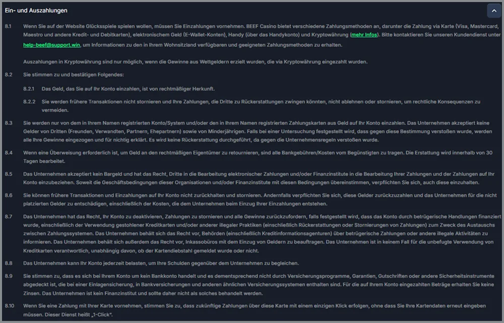 Ein- und Auszahlungsbedingungen im Beef Casino