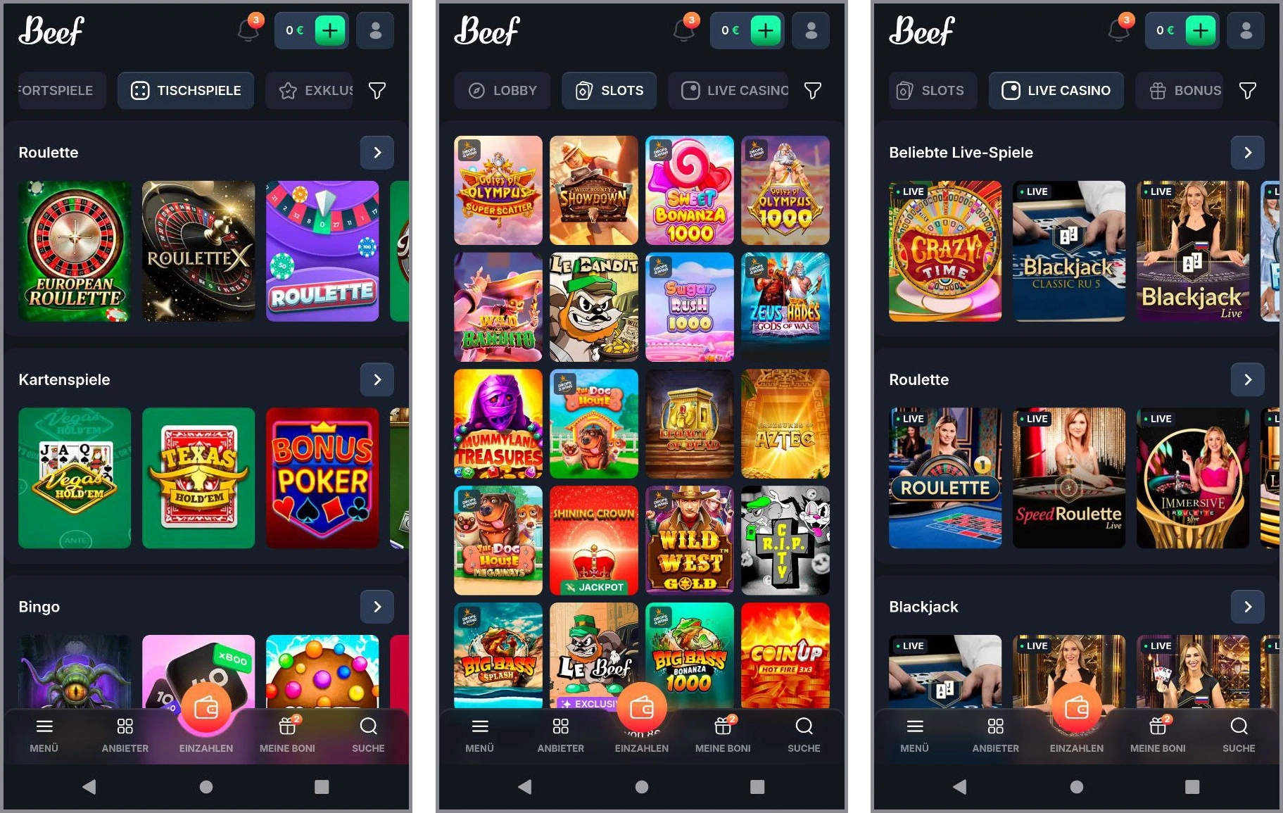 Online Casino Spiele Slots Tischspiele Live Casino Beef Casino