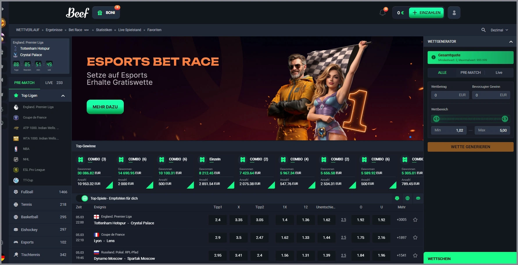 Einfache Pre-Match-Sportwetten bei Beef Casino platzieren